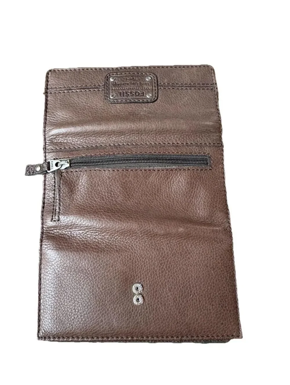 Fossil Vintage Brown Leather Trifold Checkbook Wallet Long Live Vintage